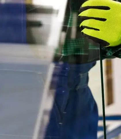 een werknemer die een glasplaat hanteert in een industriële omgeving, met veiligheidshandschoenen en werkkleding