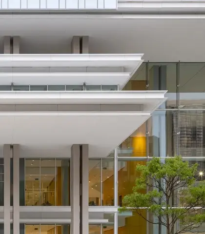 ingang van een modern gebouw met een glazen gevel, vlaggen en omliggende stedelijke architectuur